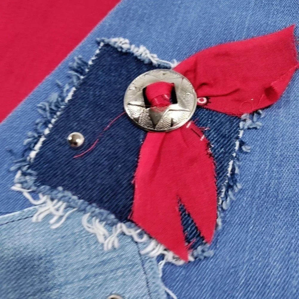 Vtg Handmade Denim Patchwork Vest Large Bandana Print Concho Lined